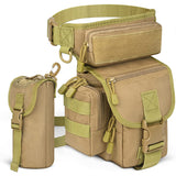 Tan tactical belt with multiple pouches and attachments on a white background