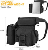 Black tactical bag with measurements and product details on a white background