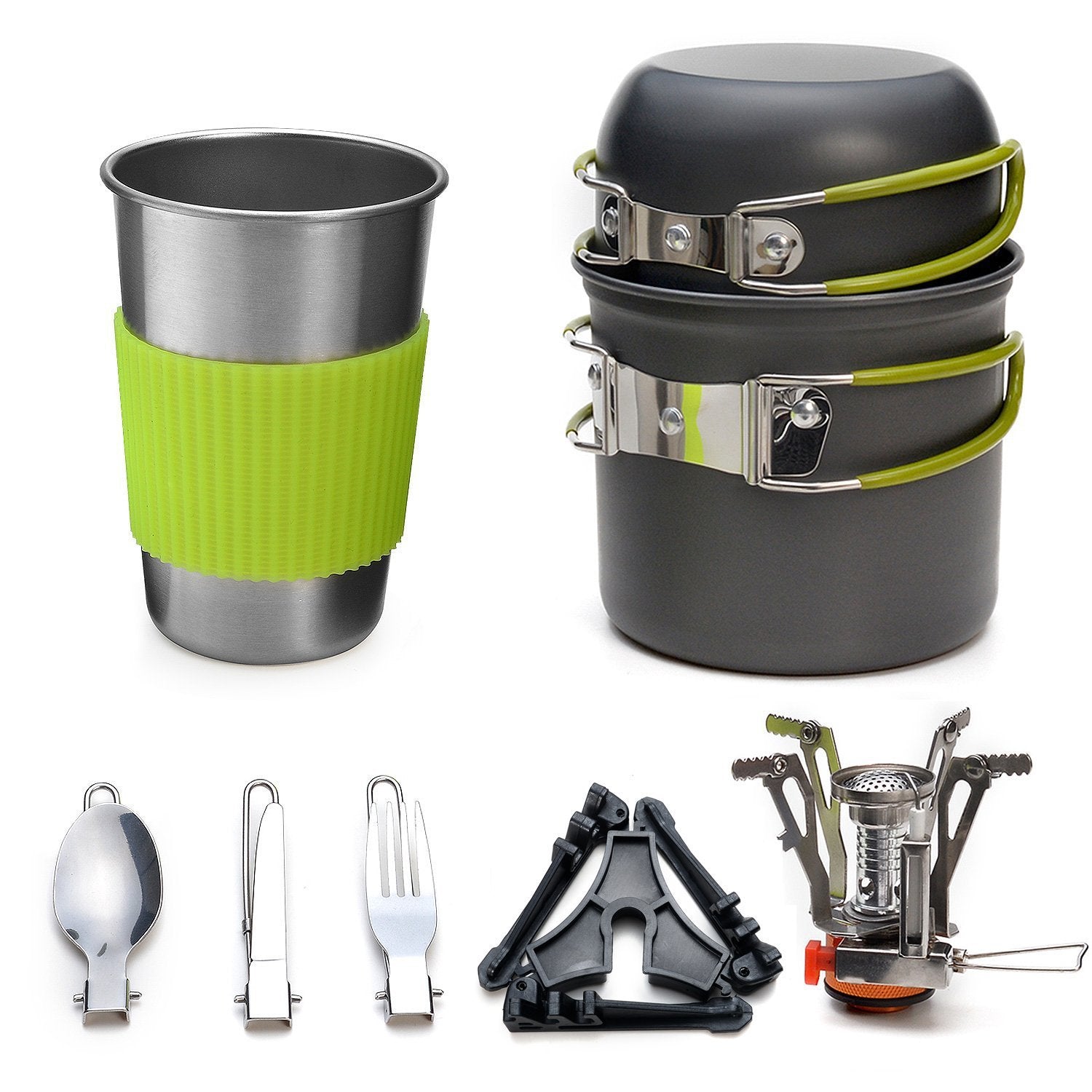 Complete Camping Cookware Set - Portable Pots, Cup, Spork, and Stove ...